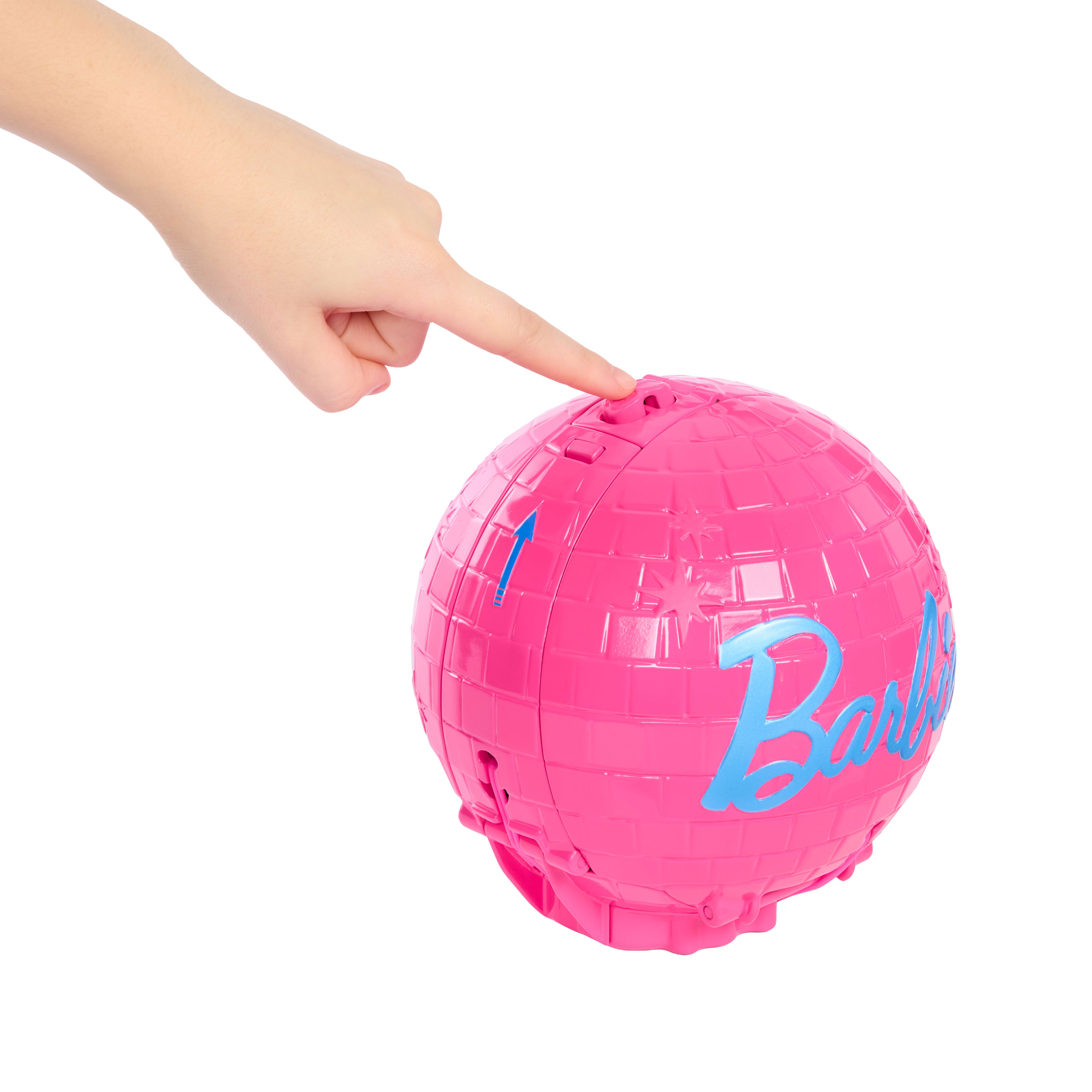 Barbie Team Roll and Reveal Poupée et accessoires Barbie Vedette pop, poupée mode blonde, 8 surprises et boîtier en forme de boule disco