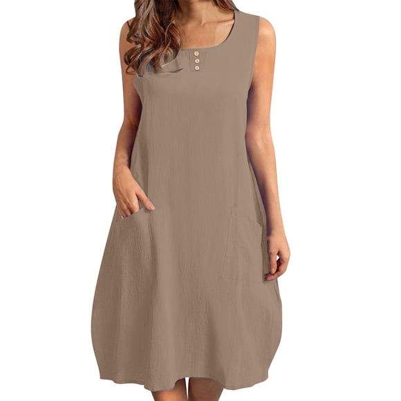 yoeyez Summer Dresses for Women 2025 Trendy Cotton Linen Plus Size Maxi Dresses Sleeveless Round Neck Plain Dress Khaki,M