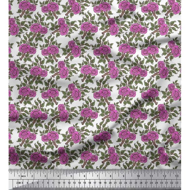 Soimoi Poly Georgette Fabric Leaves & Floral Block Printed Fabric 1 Yard 52 Inch Wide