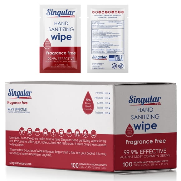 Lingettes Désinfectantes pour les Mains Format Voyage par Lingettes Individuelles – 100 Unités Emballées Individuellement / Sans Parfum, Hydratantes, Lingettes à l'Alcool Isopropylique 70 % / Voyage, Maison, de