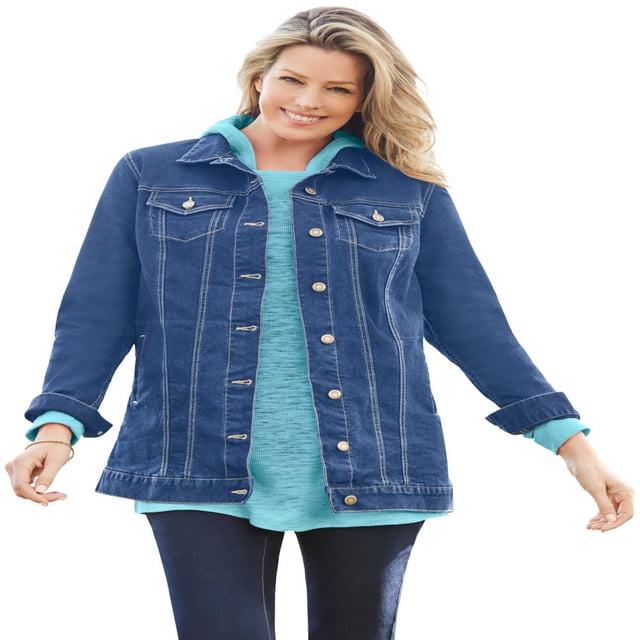 Woman Within Plus Size Long Stretch Denim Jacket Oversized Jean Jacket - 22 W Indigo