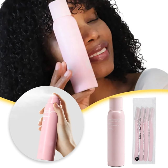Sknbody Hair Identifier Spray for Face Dermaplaning, featured in a pink bottle with a modern design. The spray enhances visibility of fine facial hairs for precise dermaplaning and includes a set of pink facial razors for hair removal. Ideal for all skin types, it is infused with botanical extracts to moisturize and smooth skin, making it a versatile skin care tool.