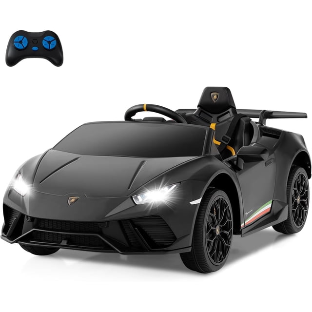 Licensed Lamborghini Huracan Ride on Car by OLAKIDS in black, a 12V kids electric vehicle designed for ages 3-8 years. Features include LED headlights, spring suspension, Bluetooth, MP3, and a remote control for parental guidance. The car has a realistic design with a steering wheel, foot switches, and forward/backward gears. Equipped with a 12V 4.5AH rechargeable battery, it offers a smooth ride with non-slip tires and a slow start function for safety. Includes a 3-point seat belt and supports up to 66 lbs. Dimensions: 46.5” x 24.5” x 19”.