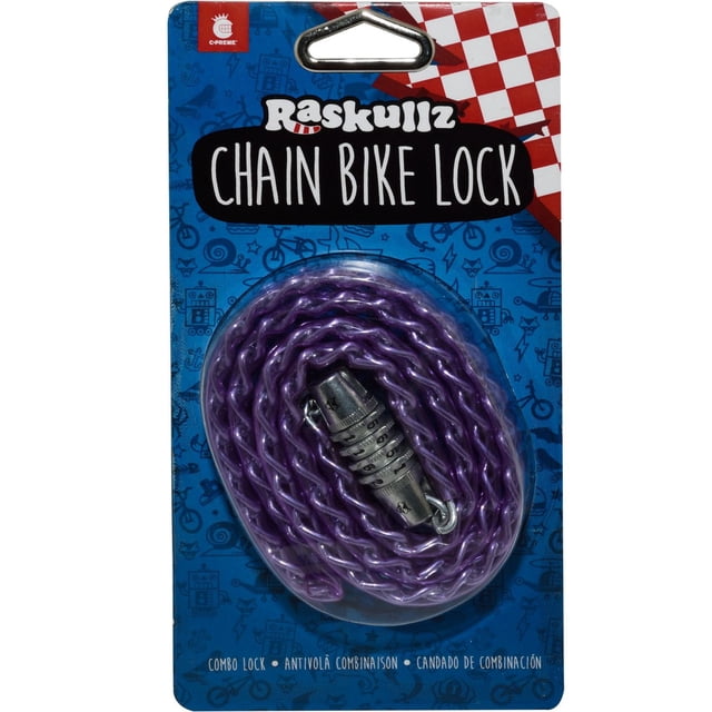 Raskullz Heary Gem Chain Lock avec une Chaîne de 3 Pieds Enduite de Vinyle Violet et une Serrure à Combinaison Métallique à 4 Chiffres, Emballée sur Carton Bleu et Rouge avec des Graphiques sur le Thème des Vélos, avec Revêtement Résistant aux Rayures et Durabilité par Tous les Temps.
