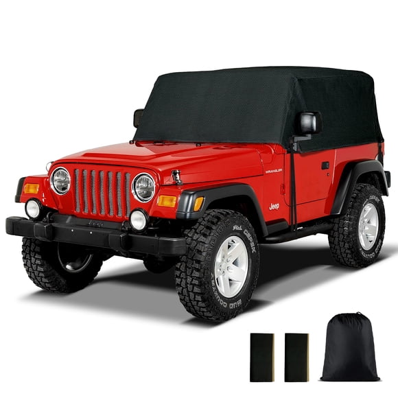 NEH Black 2-Door Cab Car Cover, Waterproof Sun Shade, Half Car Cover with Wind-Resistant Quick Release Buckle Tie-Down Straps, Compatible with 1976–2006 Jeep Wrangler TJ, YJ, JK, Jeep CJ