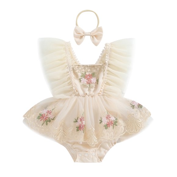 Gupgi Barboteuse-Robe en Tulle de Princesse pour Bébé Fille 3M 6M 12M 18M 24M Combinaison Élégante en Tulle pour Nourrisson avec Broderie Florale Tutu