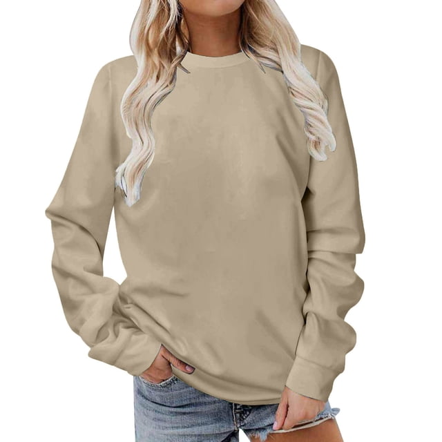 Moxiu Chandails pour Femmes Chandails Décontractés à Col Rond pour Femmes Chandails Basiques de Couleur Unie à Manches Longues Mignons Tuniques Hauts Amples Chandails à Enfiler Beige,G