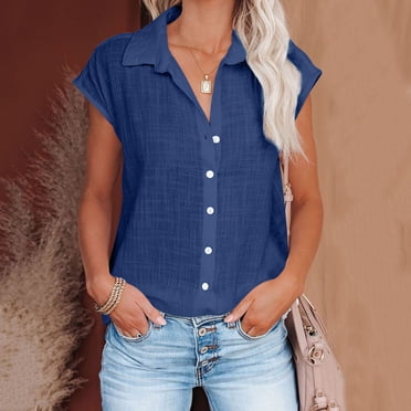Button Down Shirts For Women,Fashion Women New Style Cotton Linen Solid Color Shirts V Neck Short Sleeve Blouses Summer Casual Ladies Tops