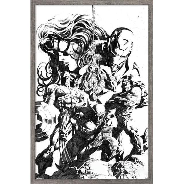 Marvel Sketch - Group Wall Poster, 14.725" x 22.375" framed, features black and white detailed sketches of Marvel superheroes including Spider-Man hanging upside down from a web in the center, Iron Man behind him, Wolverine crouched with claws extended, Captain America holding his shield on the left, and other muscular heroes around, all on a white background with a light wood frame, ideal for wall art and home décor.