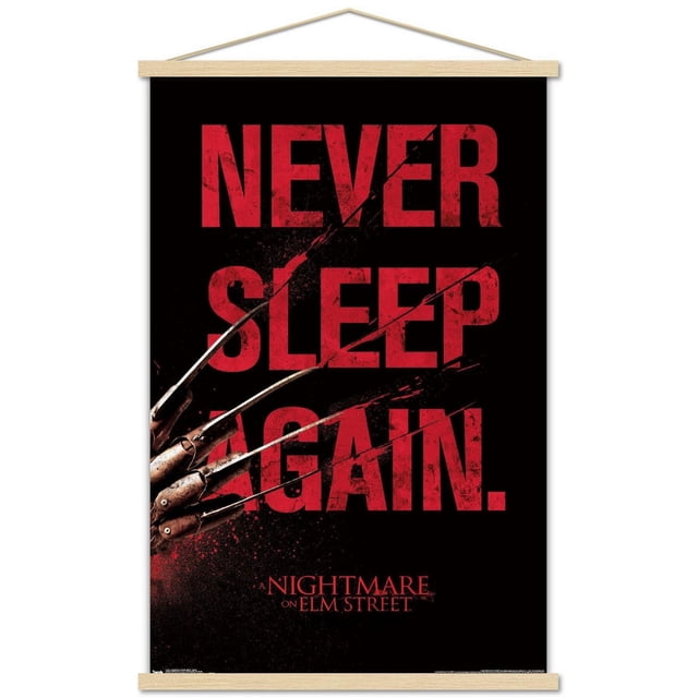 Un Cauchemar sur Elm Street - Affiche Murale de Sommeil, 22,375 Pouces x 34 Pouces Encadrée, avec Texte Rouge Usé « Ne Jamais Dormir de Nouveau. » sur Fond Noir avec Gant Griffe en Métal de Freddy Krueger Tranchant les Lettres, Encadrée en Bois Clair avec Accroche en Dents de Scie, Convient à l'Art Mural à Thème d'Horreur Ou à la Décoration de Fête.