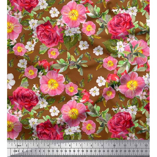 Soimoi Poly Georgette Fabric Leaves,Clematis & Rose Floral Decor Fabric Printed Yard 52 Inch Wide