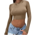 thumbnail image 1 of hotojiny Hauts d'Été pour Femmes 2025 Mode Ajusté Col Rond Manches Longues Chemise Couleur Unie Doux Comfy T-Shirt Court Vêtements, 1 of 5