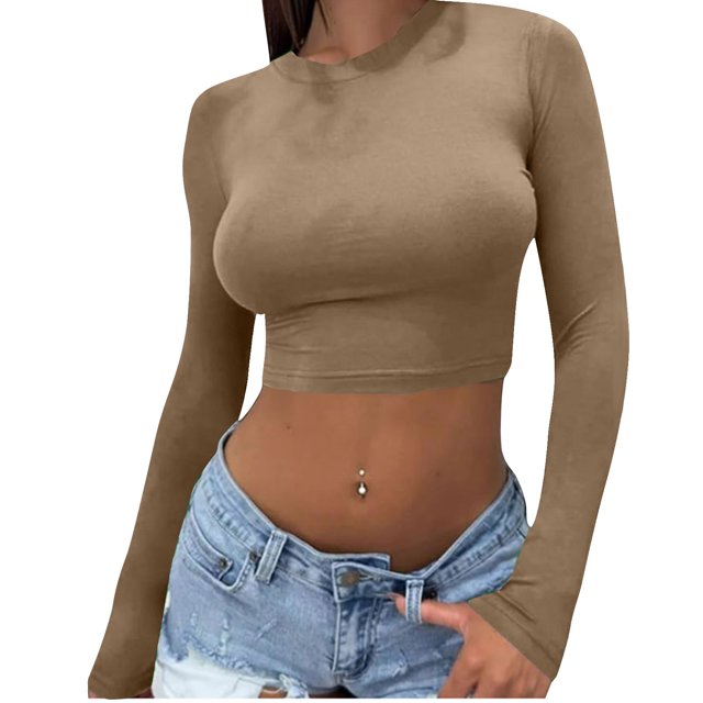 hotojiny Hauts d'Été pour Femmes 2025 Mode Ajusté Col Rond Manches Longues Chemise Couleur Unie Doux Comfy T-Shirt Court Vêtements