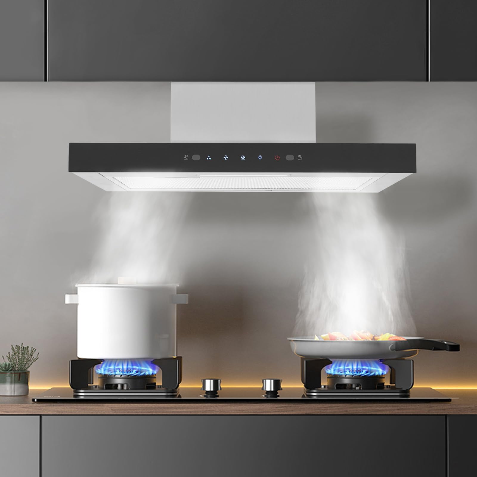 FONSOLUM 24"" W Under Cabinet Wall Mount Range Hood Stainless Steel Exhaust Fan Kitchen Stove Vent Hood | Adjustable 3-Speed | 350 CFM | LED Light | Touch Control | Gesture Sensing | Low Noise