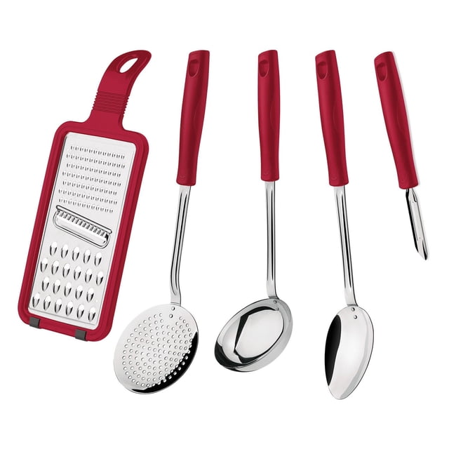 Tramontina 5 Pc Utensils Set with red ergonomic handles includes stainless steel grater, perforated skimmer, ladle, serving spoon, and vegetable peeler, suitable for diverse kitchen and cooking tasks.