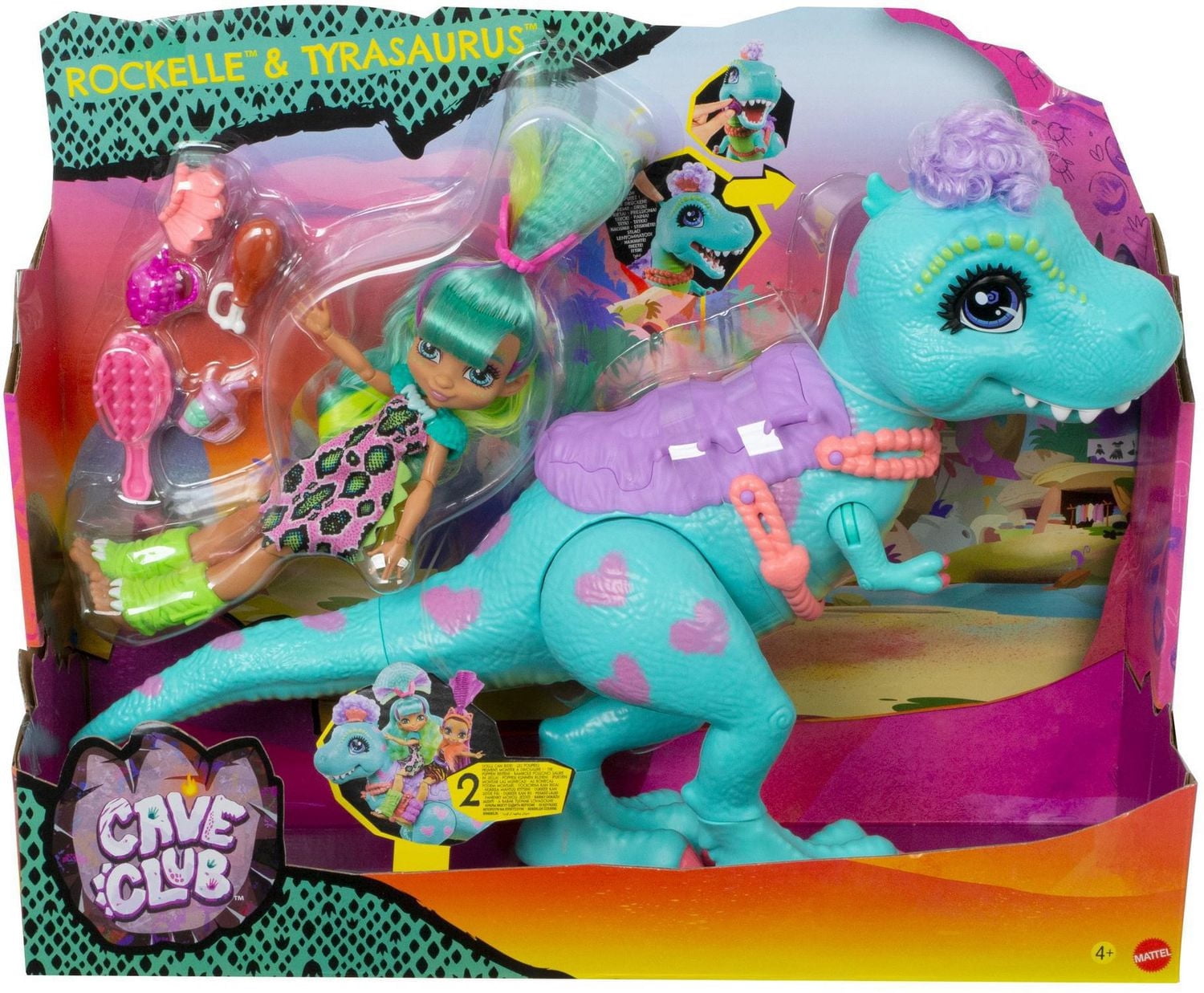 Coffret de Jeu avec Poupée Rockelle et Meilleure Amie Dinosaure Club des Cavernes
