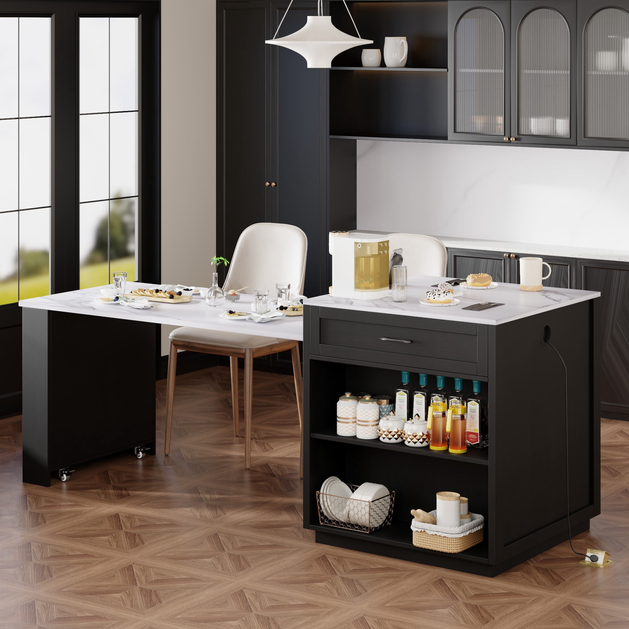 Îlot de cuisine Noble House 82,7 po avec table à manger extensible pour 4 à 6 personnes, noir