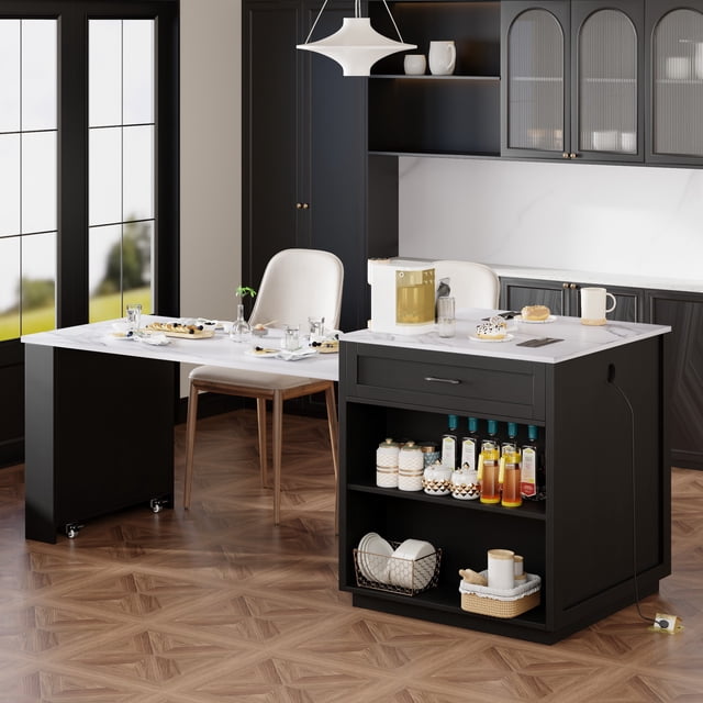 Morufur Table à Manger de 82,7 Pouces avec Rallonge pour 4 à 6 Places, Table d'Îlot de Cuisine avec Étagères de Rangement, Prise de Courant et Tiroirs, Blanc