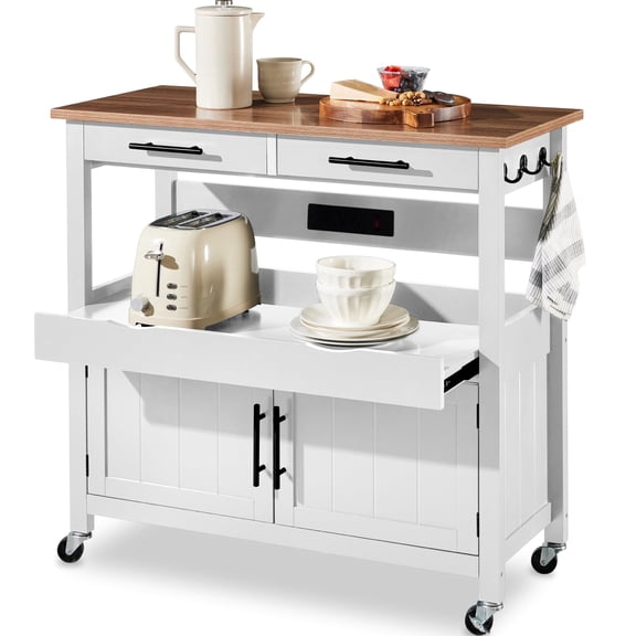 Best Choice Products Chariot Îlot de Cuisine Roulant de 36 Po, Armoire à 2 Portes, Prise, Crochets et Roues - Blanc