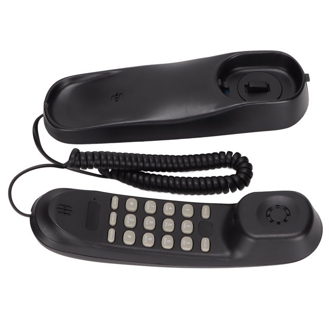 Wall Mountable Telephone in black, featuring an FSK DTMF dual system for landline use. Made of durable PVC material, it includes a coiled cord, numeric keypad, and functional buttons for pause and mute. Designed for space-saving wall mounting, it operates without batteries, powered by the telephone line. Package includes the telephone, a telephone line, and a manual.