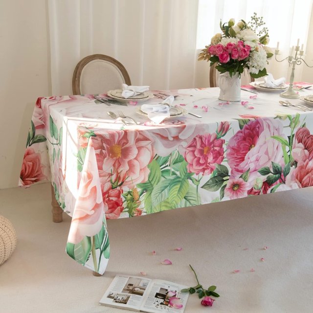 Valentine''s Day Tablecloth Red Roses Table Cloth 60*102 Inch, Water Resistant Pink Roses Table Cover, Rosette Table Decorations, Romantic Floral Print Tablecloths for Indoor and Outdoor