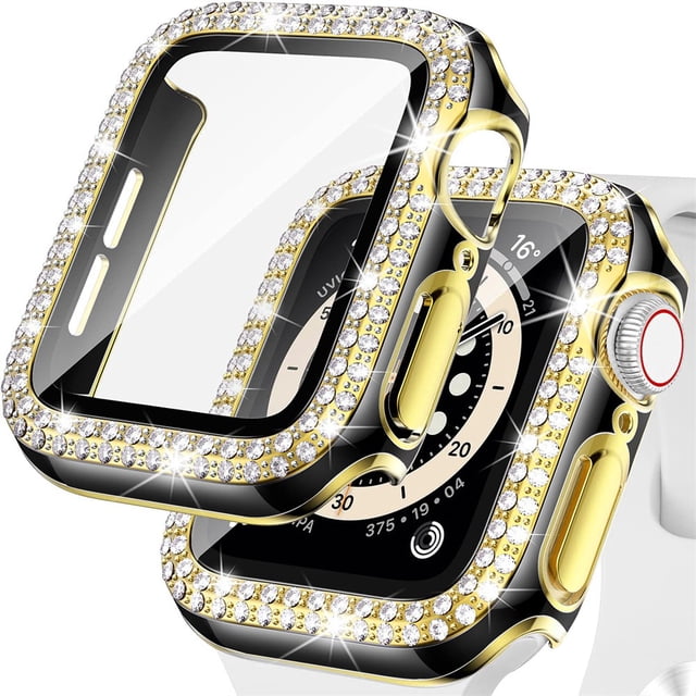 LEIXIUER for Apple Watch case 45mm with Tempered Glass Screen Protector for iwatch Series 7, Bling Crystal Diamond Rhinestone Bumper Full Cover Protective Case Women Girls 45mm