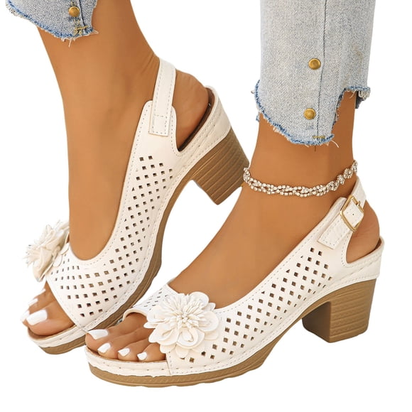 Womens Open Toe Chunky Heel Sandals with Ankle Strap Casual Solid Color Hollow Out Floral Platform Dress Sandals White Size 9
