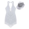 thumbnail image 4 of Linjinx Justaucorps de Danse pour Femmes avec Franges et Chapeau à Sequins Blanc TG, 4 of 7