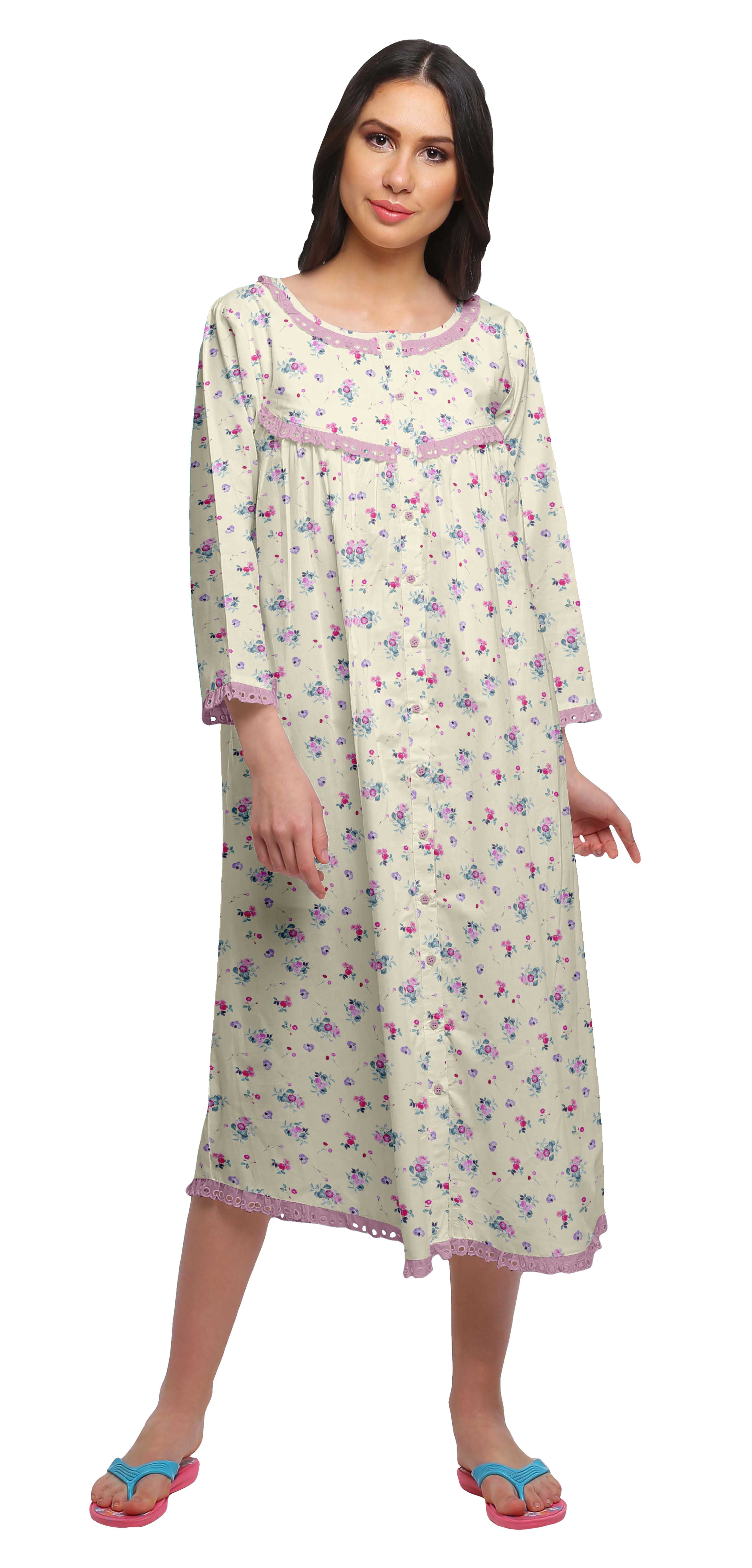 Moomaya Chemise de Nuit Boutonnée en Coton Imprimé pour Femmes, Robe de Nuit d'Allaitement