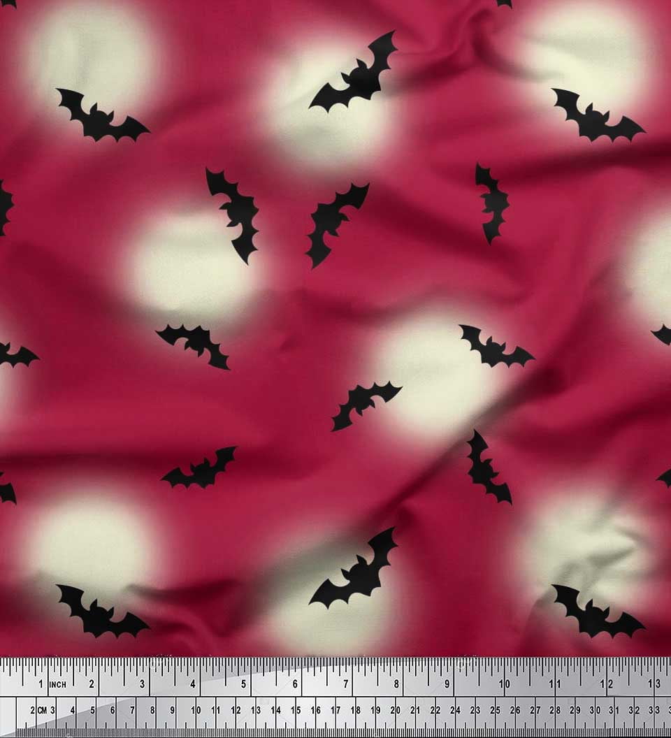 Soimoi Moss Georgette Fabric Moon & Bat Halloween Print Fabric by The Yard 42 Inch Wide