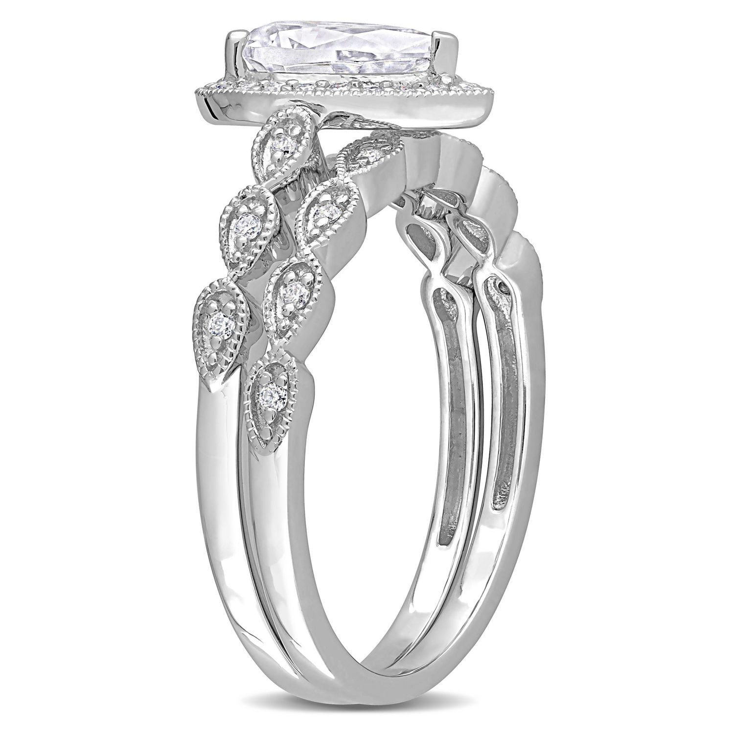 Ensemble de bagues mariée Miabella empilable Poire Halo avec 1-1/6 Carat PPT Moissanite Créé en Argent Sterling