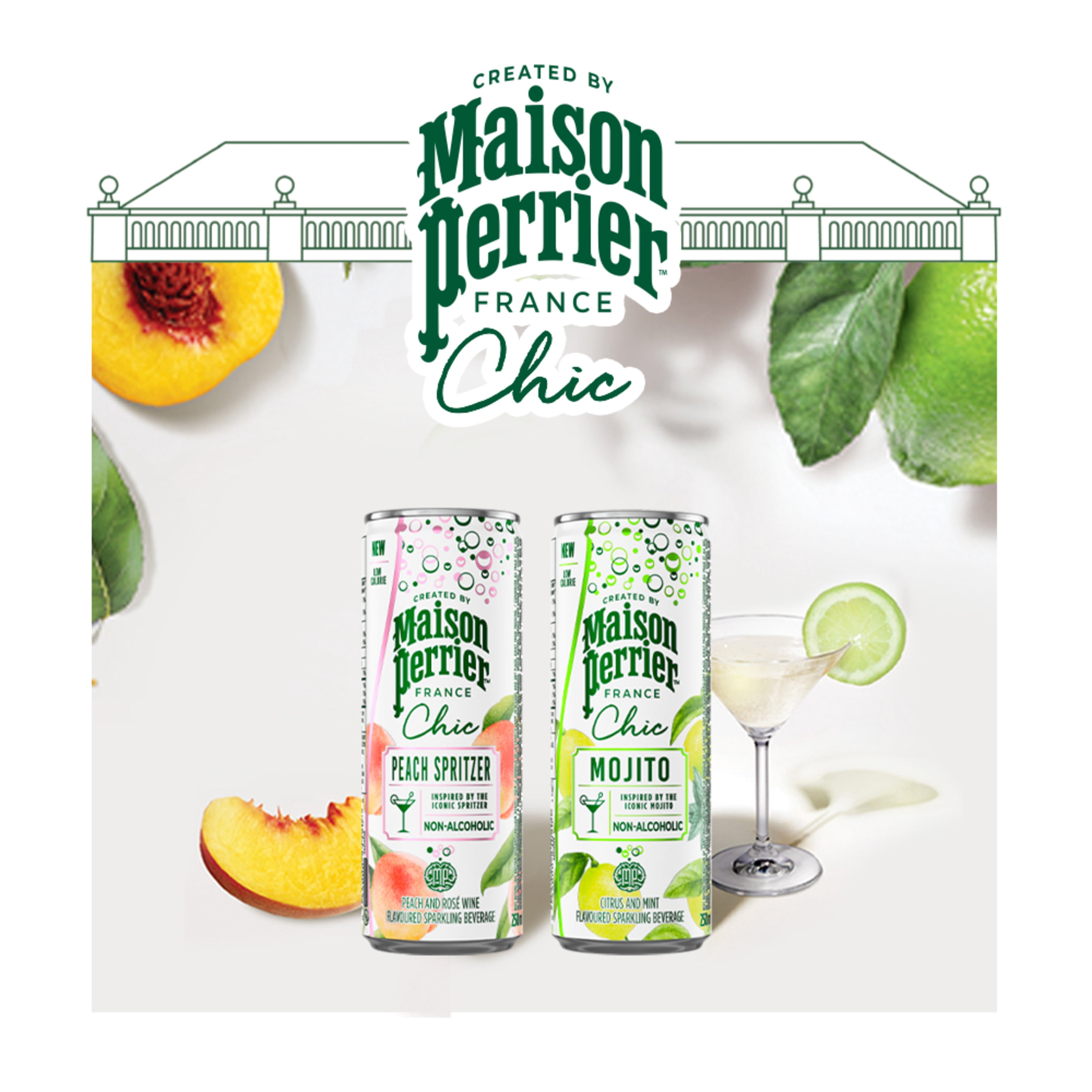 Maison Perrier Maison Perrier Chic Spritzer à la Pêche, Non Alcoolisé, Boisson Pétillante Aromatisée à la Pêche et au Vin Rosé, Cocktail Sans Alcool Faible en Calories, Prêt à Boire 4X250ML
