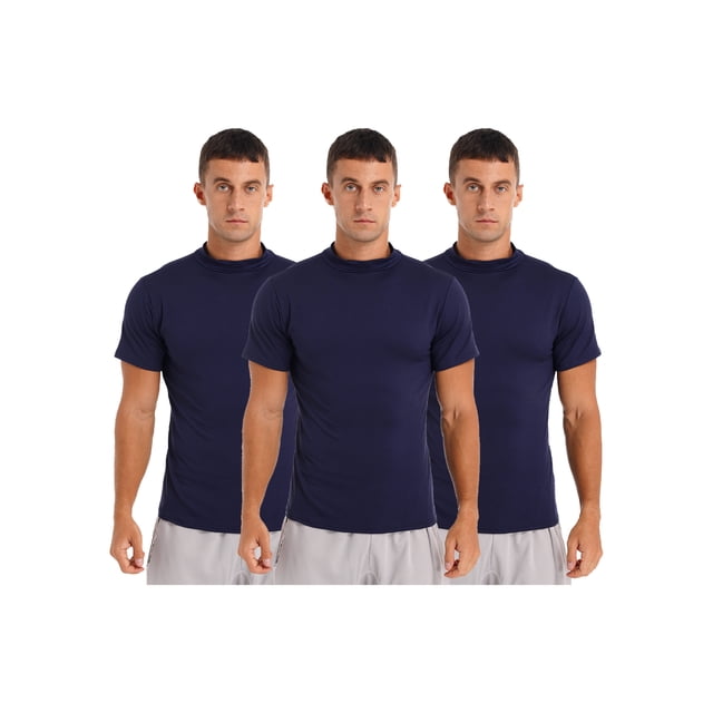 dPois 3Pcs Men's Fashion Mock Turtleneck Pullover Tops Short Sleeve T-Shirts Basic Slim Fit Solid Color Tees Blue M