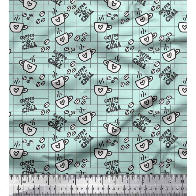Soimoi Green Velvet Fabric Coffee & CHill Text Decor Fabric Printed Yard 58 Inch Wide