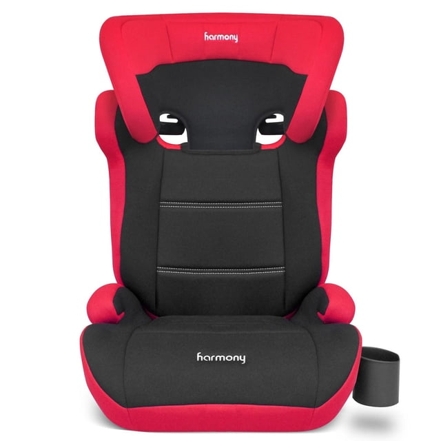 Dreamtime MAX Siège d'Appoint de Voiture 2-en-1 Confortable en Rouge et Noir avec Dossier Haut, Appuie-Tête Ajustable, protection contre les Impacts Latéraux, Ceinture Anti-sous-Marinage et Porte-Gobelet Côté Droit, avec Marquage Harmony sur l'Appuie-Tête et le Coussin de Siège.
