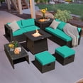 thumbnail image 1 of Costway 9PCS Patio Rattan Furniture Set Fire Pit Space-saving W/Cover Turquoise Cushion, 1 of 10
