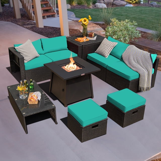 Costway 9PCS Patio Rattan Furniture Set Fire Pit Space-saving W/Cover Turquoise Cushion