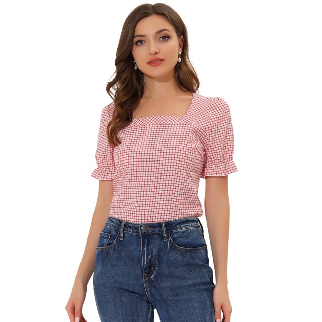 INSPIRE CHIC Blouse Haut à Encolure Carrée à Manches Courtes à Carreaux pour Femme P Rouge