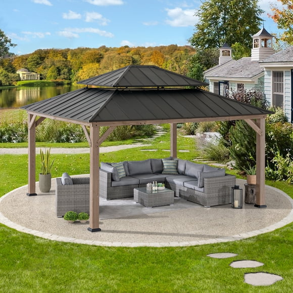 Sunjoy Outdoor Gazebo 13 ft. x 15 ft. Hard Top Gazebo Cedar Framed Gazebo with Brown Steel 2-tier Hip Roof For Garden Backyard
