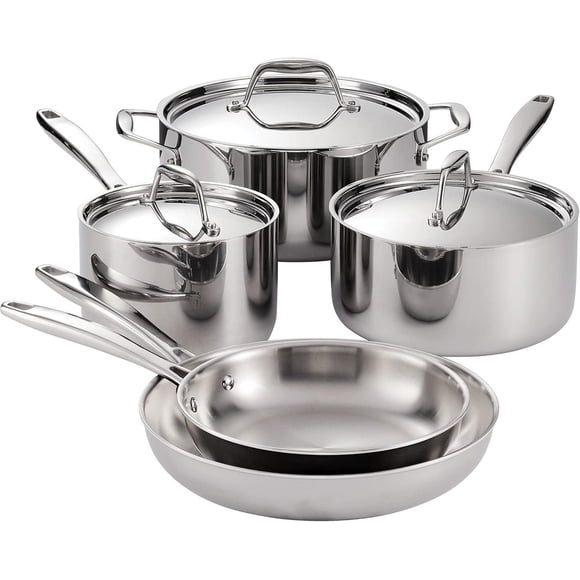 Tramontina Batterie de cuisine 8 pièces en acier inoxydable triple épaisseur avec couvercles, casseroles et poêles
