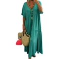 thumbnail image 1 of CHOK Robe Maxi en Lin Ample et Décontractée pour Femmes, Col en V, Manches Courtes, Coupe Grand et Fluide, Longue, 1 of 3