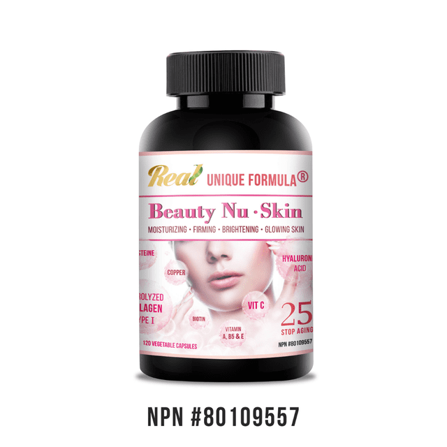 Unique Formula Beauty Nu Skin 25+ Supplément avec Collagène et Vitamine C, 120 capsules. la Bouteille Présente un Bouchon Noir et une Étiquette Blanche avec des accents Roses, Mettant en Valeur des Ingrédients Clés comme le Collagène Hydrolysé, l'Acide Hyaluronique et la Biotine. Conçue pour Favoriser l'Hydratation, l'Élasticité et l'Éclat de la Peau Tout en Minimisant les Ridules et les Rides. Convient pour Améliorer la Santé des Ongles et des Cheveux et Soutenir le Métabolisme des Graisses pendant le Sommeil