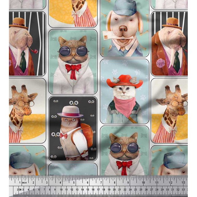 Soimoi Polyester Crepe Fabric Paw,Hat & Animals Patchwork Printed Craft Fabric by The Yard 52 Inch Wide