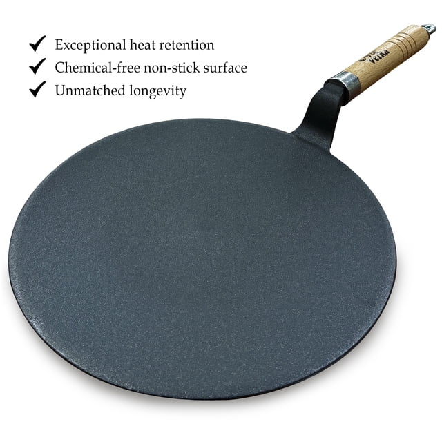 Verka Traditional Cast Iron Tawa 26cm – Pre-Seasoned Roti Tawa with Wooden Handle, Round Base, Chemical-Free Naturally Non-Stick Surface