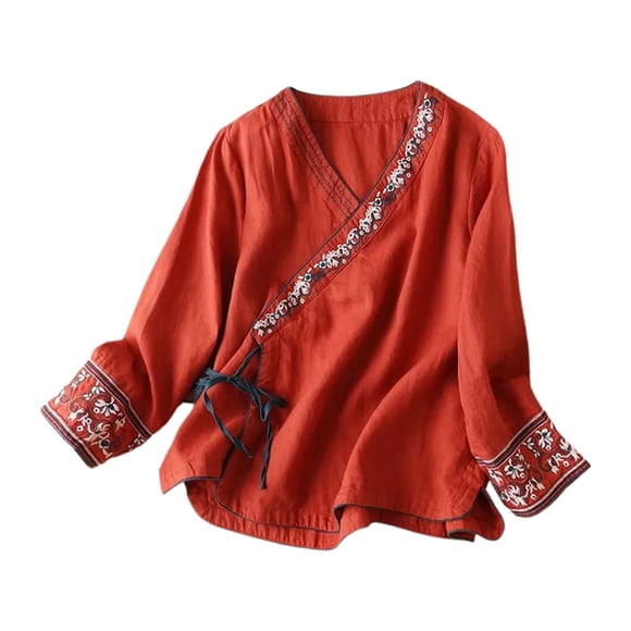 SNKSDGM My Items Women's Ethnic Style Linen Embroidered Top Loose Fit Vintage Clothing Made in Canada