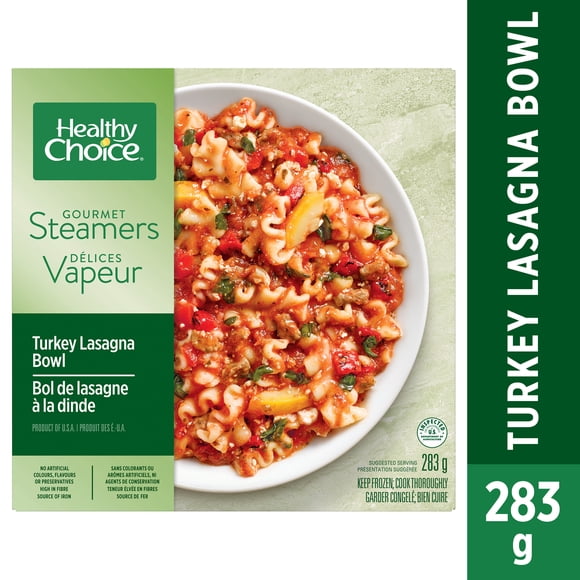 Bol de lasagne à la dinde Healthy Choice Gourmet Steamers dîner glacé, Comprend cuit émietté, cuites, fromage et sauce marinara, Teneur élevée, Fibres source de fer Bol de Lasagne a la Dinde repas surgelé, 283g