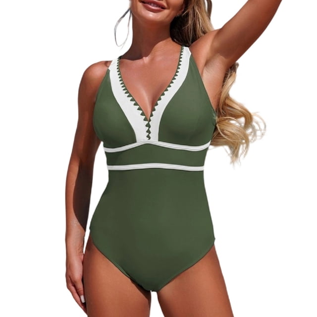 Ltctricy Women's One Piece Swimsuits Adjustable Strap Deep V Neck Color Block Backless Swimwear Slimming Bathing Suits