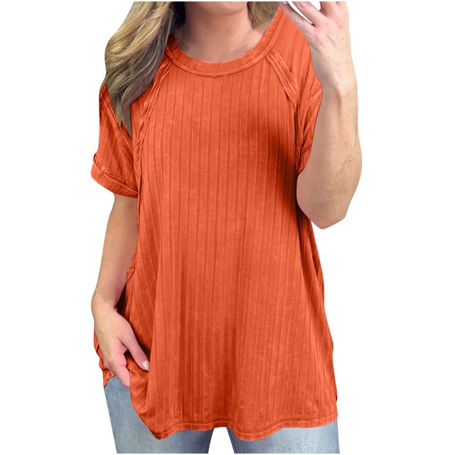 Timegard T-Shirts à Manches Courtes pour Femmes, Côtelé, Col Rond, Confortable, Décontracté, Ample, Longue Chemise, Haut, Blouse Surdimensionnée
