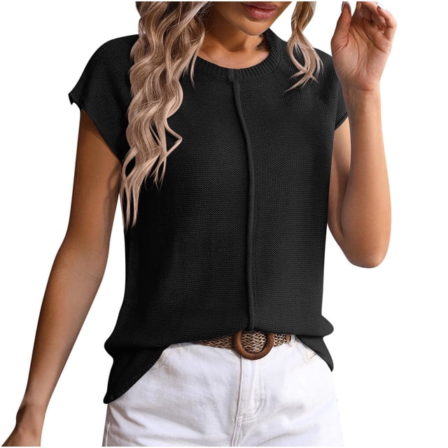 AherBiu Hauts en Tricot pour Femmes à Manches Cap, Blouse Chic Décontractée à Col Ras du Cou, Chandail Ample, Haut Uni