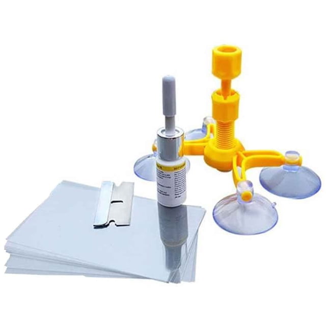Car Windshield Repair Kit - Windshield Chip Repair Kit with Windshield Repair Resin. The kit includes a yellow plastic applicator with suction cups, a bottle of repair resin, a razor blade, and several clear adhesive sheets. Designed for repairing minor damage such as bullseyes, spider webs, and star cracks on laminated windshields. Compact and portable, suitable for quick and easy repairs. Dimensions: 22 x 11 x 2.5 cm.